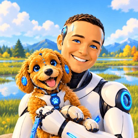 Smiling person in white and light-blue armor holding an apricot golden doodle in a sunny meadow.